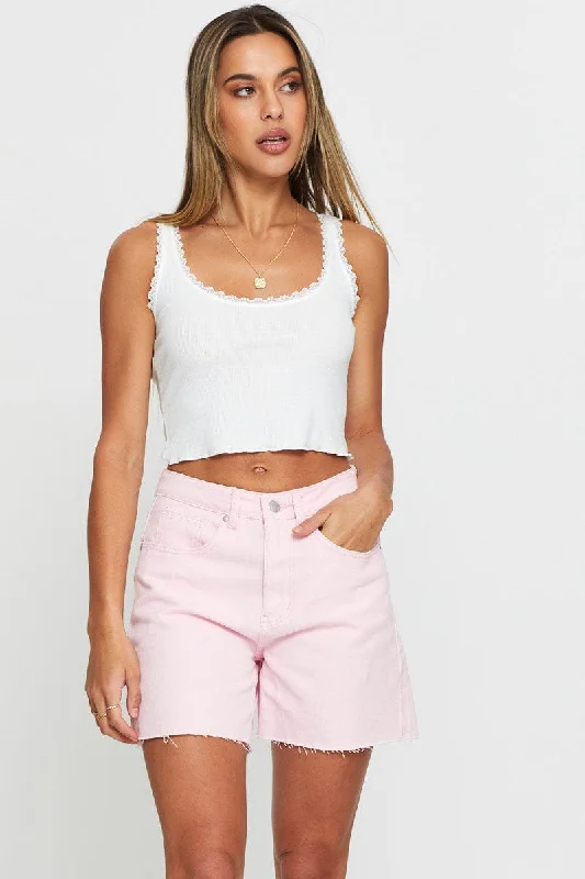 Lace shorts – Shorts made from delicate lace fabric, often worn for a dressier or romantic look.Pink High Rise Denim Shorts