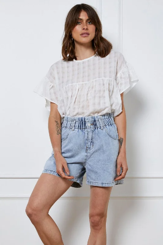 High-waisted shorts – Shorts that sit above the natural waistline for a flattering, elongating look.Blue Paper Bag Jeans High Waist Denim