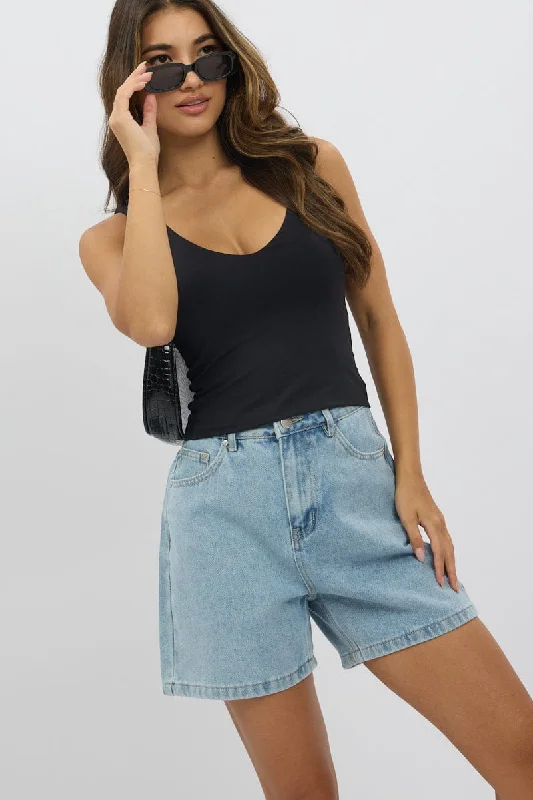 High-waisted shorts – Shorts that sit above the natural waistline for a flattering, elongating look.Denim Jorts High Rise