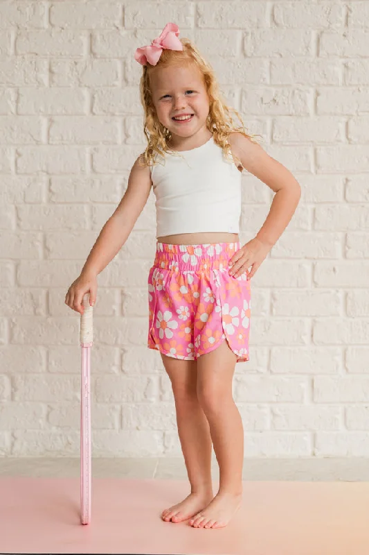 Tye-dye shorts – Shorts with a colorful, spiral tie-dye pattern, perfect for a retro or festival vibe.Kid's Errands to Run Pink and Orange Floral Check High Waist Shorts Tori X Pink Lily FINAL SALE