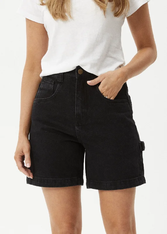 Drawstring shorts – Shorts with a drawstring at the waist for adjustable comfort.AFENDS Womens Emilie - Denim Workwear Short - Washed Black