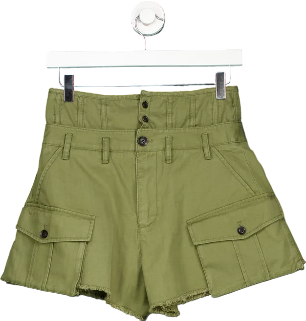 Fringe shorts – Shorts with fringe details at the hem for a boho or playful look.Tantrum Olive Green High-Waisted Cargo Shorts UK 10