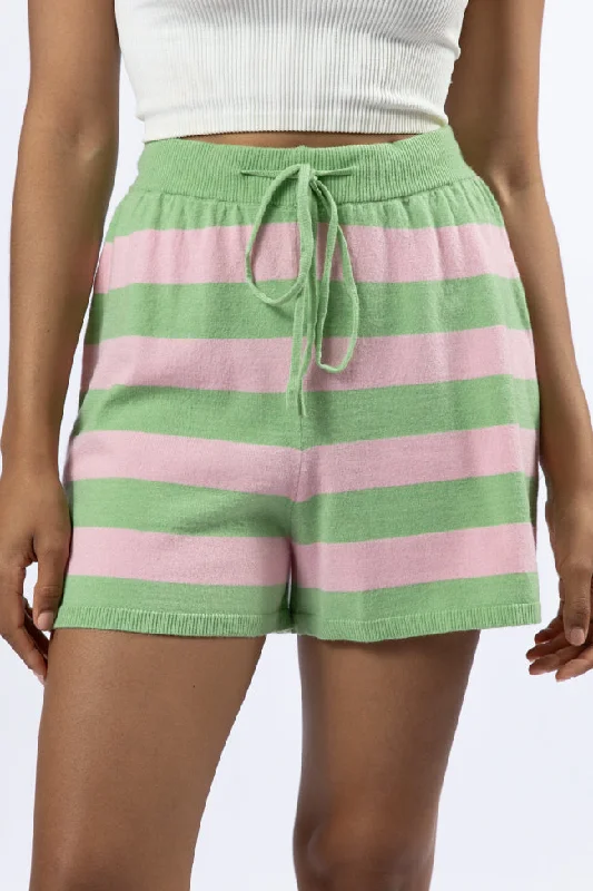 Fringe shorts – Shorts with fringe details at the hem for a boho or playful look.Pulling Heartstrings Green and Pink Striped Knit Shorts