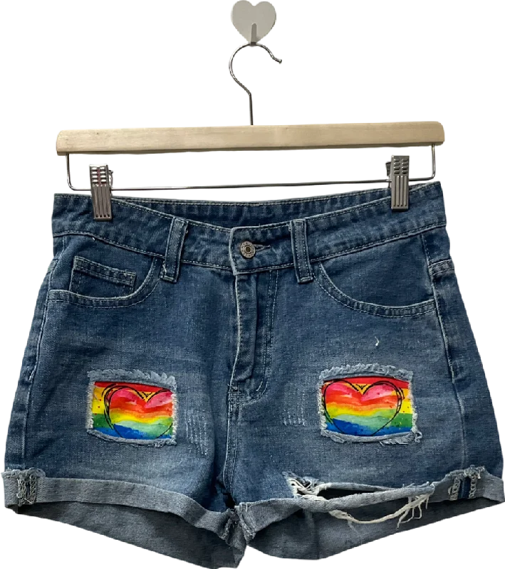 Linen shorts – Lightweight and breathable shorts made from linen, ideal for hot weather.Blue Rainbow Heart Denim Shorts UK 4