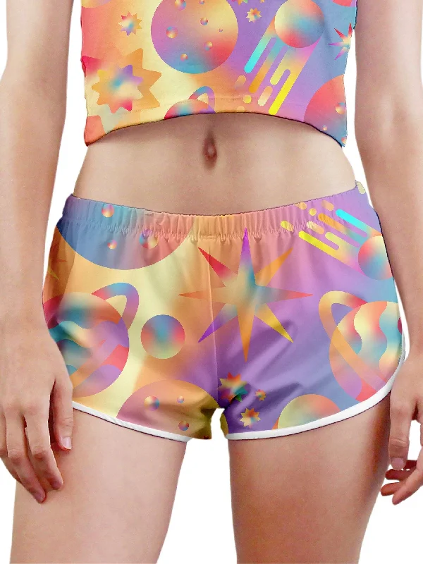 Pleated shorts – Shorts with pleats at the waist for extra volume or texture, creating a more sophisticated appearance.Space Gushers Women's Retro Shorts