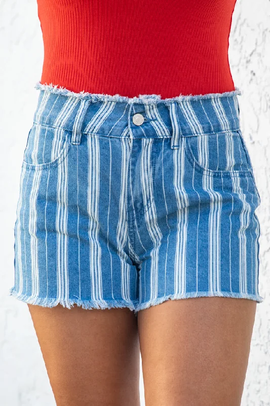 Pleated shorts – Shorts with pleats at the waist for extra volume or texture, creating a more sophisticated appearance.Talk To You Again Striped Chambray Shorts FINAL SALE