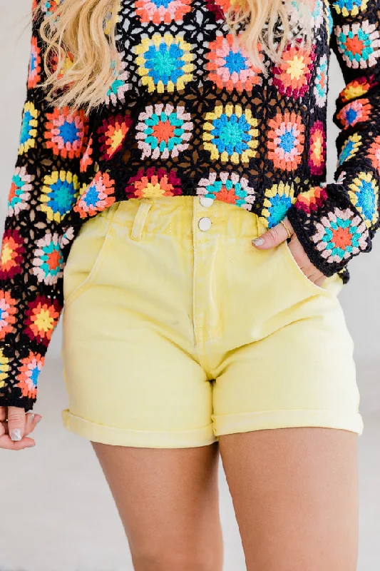 Fringe shorts – Shorts with fringe details at the hem for a boho or playful look.Just What You Need Yellow Paperbag Waist Acid Wash Shorts FINAL SALE