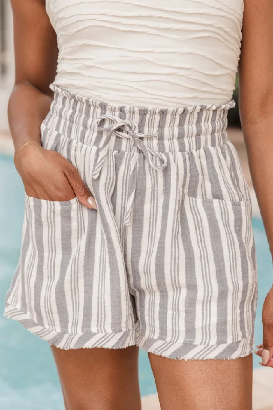 Drawstring shorts – Shorts with a drawstring at the waist for adjustable comfort.Ready For A Change Ivory Gauze Drawstring Striped Shorts FINAL SALE