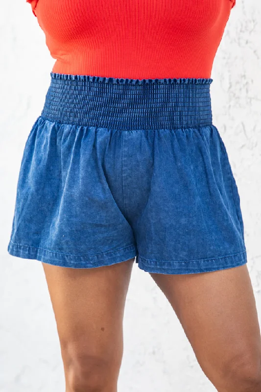 Drawstring shorts – Shorts with a drawstring at the waist for adjustable comfort.It's Been A While Dark Wash Smocked Waist Chambray Shorts FINAL SALE