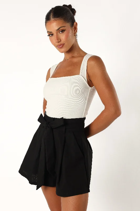 Button-front shorts – Shorts with a button-up closure at the front for a chic, stylish detail.Maya High Waisted Paperbag Shorts - Black