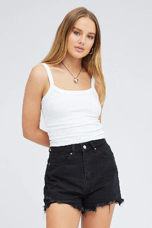 Culottes – Wide-legged, knee-length or mid-calf shorts that resemble a skirt but are more comfortable and practical.Black Ripped Denim Shorts