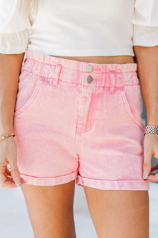 Skort – A hybrid of shorts and a skirt, with a skirt overlay at the front for a feminine touch.All The Pretty Girls Pink Paperbag Waist Acid Wash Shorts FINAL SALE