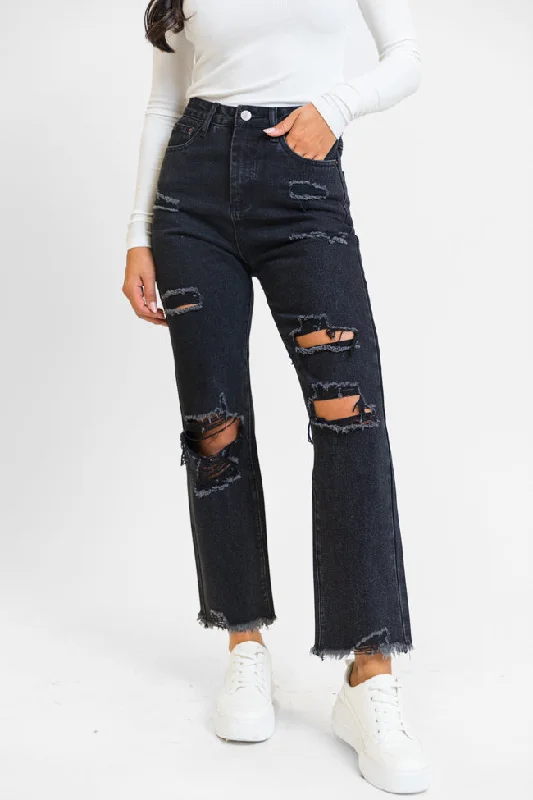 Denim shorts – Shorts made from denim fabric, often associated with a casual, summery vibe.Megan Black Wash Distressed Straight Leg Mom Jeans