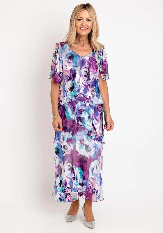 Tea-length dress – Dress that falls between the knee and ankle, perfect for more formal or vintage-inspired occasions.Allison Floral Silk Layered Midi Dress, Purple