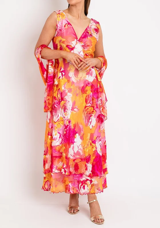 Off-the-shoulder dress – Dress with sleeves or straps that sit below the shoulders, exposing the upper arms.Allison Silk Floral Maxi Dress, Pink & Orange