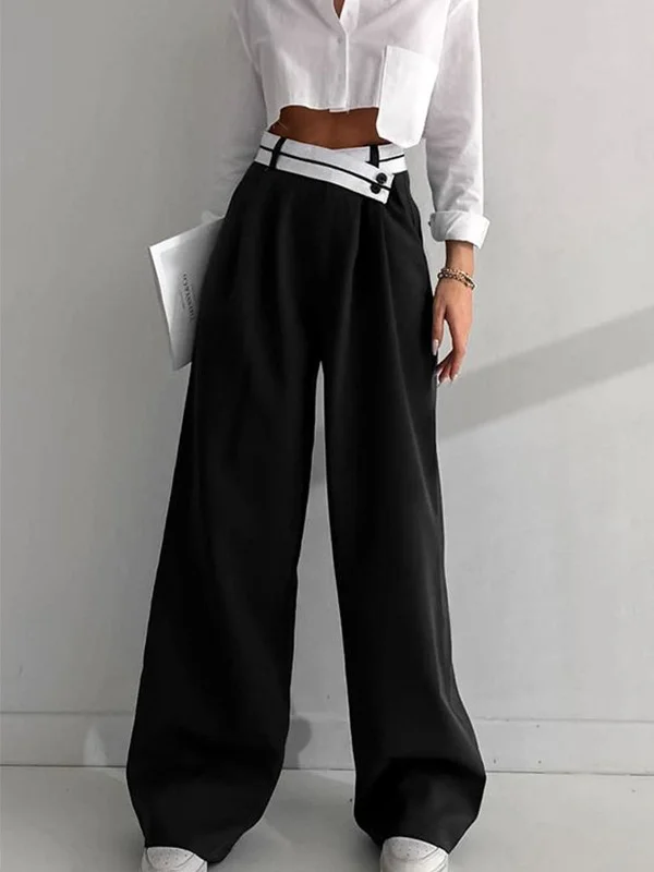 Bootcut trousers – Slightly flared at the bottom, designed to accommodate boots underneath.BerryBetty - Asymmetrical Contrast Waistband Wide Leg Dress Pants