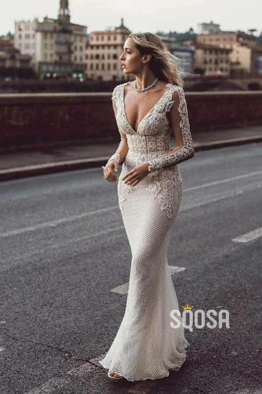 Corset dress – Dress designed with a built-in corset or lace-up feature to create a cinched, structured waist.Attractive Deep V-neck Illusion Long Sleeve Appliques Lace Mermaid Wedding Dress QW0882