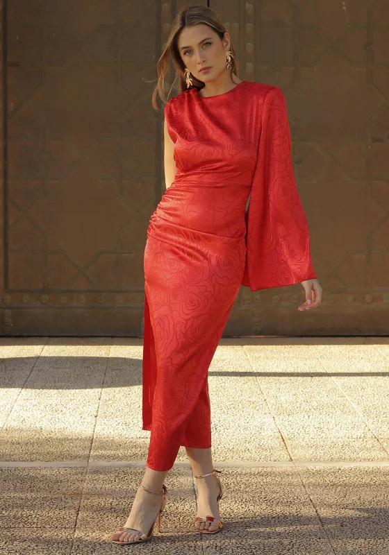 Halterneck dress – Dress with straps that tie around the neck, leaving the shoulders and back exposed.Cayro Dahlia One Sleeve Satin Maxi Dress, Coral Red