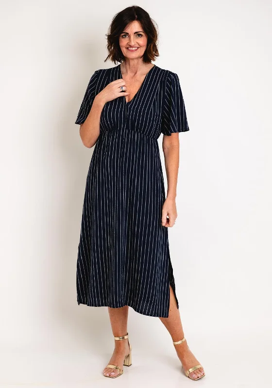 Bodycon dress – Tight-fitting dress that hugs the body and emphasizes curves.Serafina Collection V-Neckline Striped A-Line Midi Dress, Navy