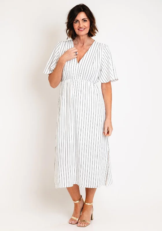 Lace dress – Dress made with lace fabric, often delicate and romantic, suitable for special occasions.Serafina Collection V-Neckline Striped A-Line Midi Dress, White