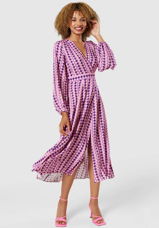 A-line dress – Dress that is fitted at the top and gradually flares out, creating an A-shape silhouette.Closet London Circle Pattern A Line Maxi Dress, Pink Multi