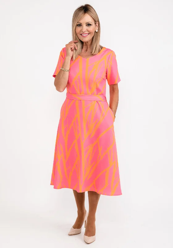 Sundress – Light, sleeveless dress typically worn in warm weather, often made from cotton or linen.Coco Doll Anita Print Midi Dress, Pink & Orange