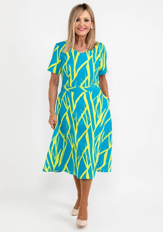 T-shirt dress – Casual dress made from T-shirt-like material, typically loose-fitting and comfortable.Coco Doll Anita Print Midi Dress, Teal & Lime