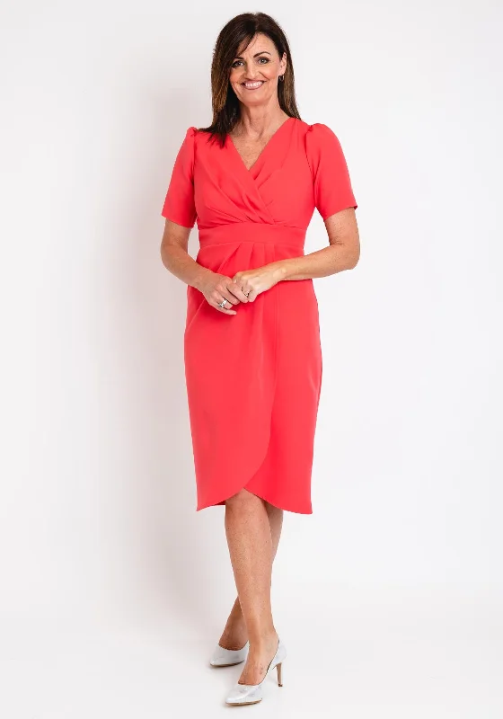 Midi dress – Dress that falls to the mid-calf, giving a balanced, modest, yet stylish appearance.Coco Doll Toya Faux Wrap Midi Dress, Coral