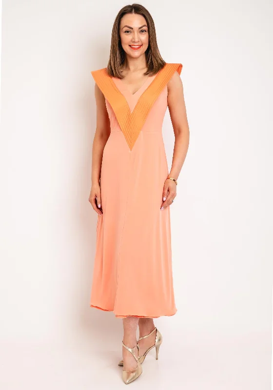 V-neck dress – Dress with a V-shaped neckline that flatters the chest and elongates the neck.Colour Nude V Neck Aline Midi Dress, Orange