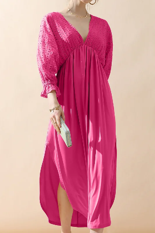 Sheath dress – Form-fitting dress that hugs the body and typically hits just above or at the knee.WOMEN'S DEEP V NECK LACE EYELET DRESS 3/4 SLEEVE CASUAL FLOWY SWING DRESS