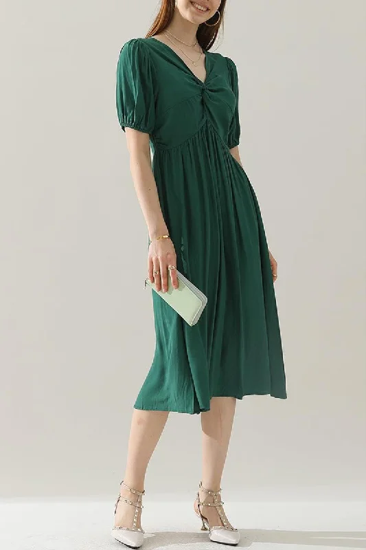 Mini dress – Short dress that usually ends above the knee, often casual or party wear.KINK V NECK BALLOON SLEEVE RUFFLED MIDI DRESS