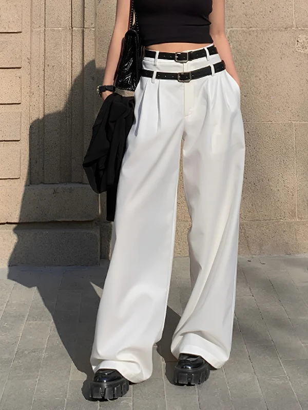 Houndstooth trousers – Trousers featuring the distinctive houndstooth pattern, typically in black and white or muted tones.BerryBetty - Double Waistband Pleat Wide Leg Pants