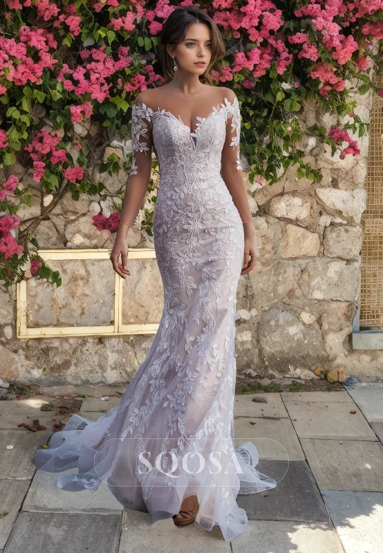 Sheath dress – Form-fitting dress that hugs the body and typically hits just above or at the knee.Mermaid Illusion Neckline Lace Appliques Long Sleeves Mermaid Wedding Dress with Train