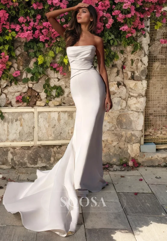 Mini dress – Short dress that usually ends above the knee, often casual or party wear.Strapless Satin Pleats Mermaid Wedding Dress with Train Bridal Gown