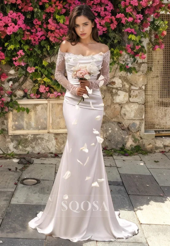 Empire waist dress – Dress with a high waistline, just under the bust, for a flattering silhouette.Off Shoulder Lace Long Sleeves Mermaid Wedding Dress with Overskirt