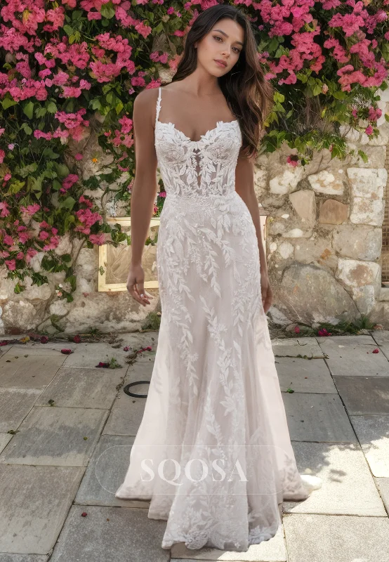 Tulle dress – Dress made with soft, voluminous tulle fabric, often worn for formal occasions or as part of a bridal outfit.Allover Lace Wedding Dress Open Back Spaghetti Straps Mermaid Wedding Gown