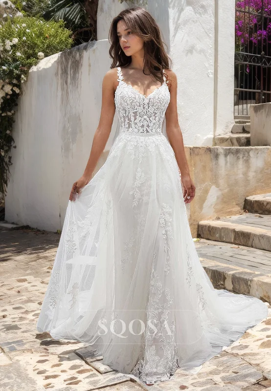 Boho dress – Dress with a relaxed, bohemian style, often featuring flowing fabric, ethnic prints, or vintage details.Spaghetti Straps Lace Appliques Romantic Wedding Dress with Overskirt