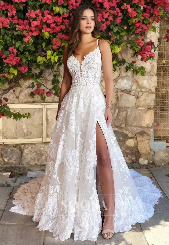 A-line dress – Dress that is fitted at the top and gradually flares out, creating an A-shape silhouette.A Line V neck Allover Lace Romantic Wedding Dress with Slit Bridal Gown