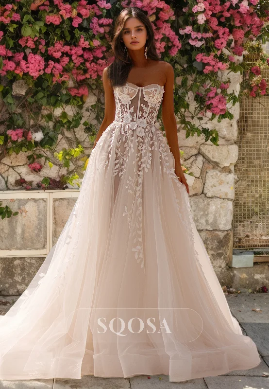 Maxi dress – Long dress that typically reaches the ankles or floor, offering a flowing and elegant look.A Line Sweetheart Lace Appliques Romantic Wedding Dress with Train