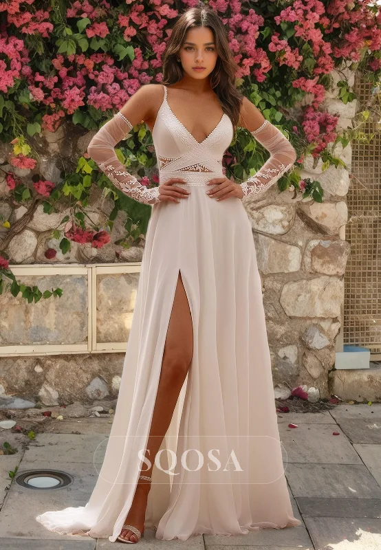 Shift dress – Loose, straight-cut dress that doesn't define the waist, offering a more relaxed fit.A Line V Neck Chiffon Appliques Boho Wedding Dress with Slit