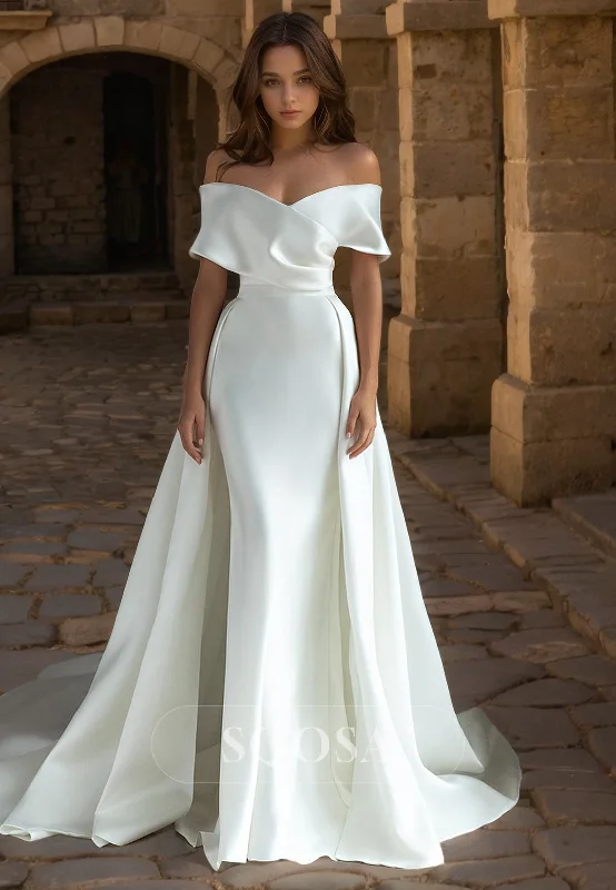 Maxi dress – Long dress that typically reaches the ankles or floor, offering a flowing and elegant look.Sheath Off Shoulder Satin Simple Wedding Dress with Train