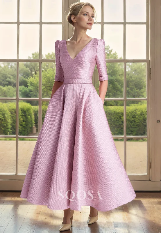 Sheath dress – Form-fitting dress that hugs the body and typically hits just above or at the knee.A Line V Neck 3/4 Sleeves Elegant Mother of the Bride Dress with Pockets Pink Cocktail Dress