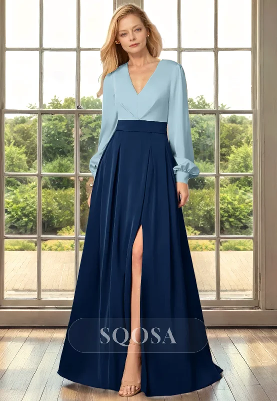 Empire waist dress – Dress with a high waistline, just under the bust, for a flattering silhouette.A Line V Neck Long Sleeves Elegant Mother of the Bride Dress for Wedding Cokctail Dress