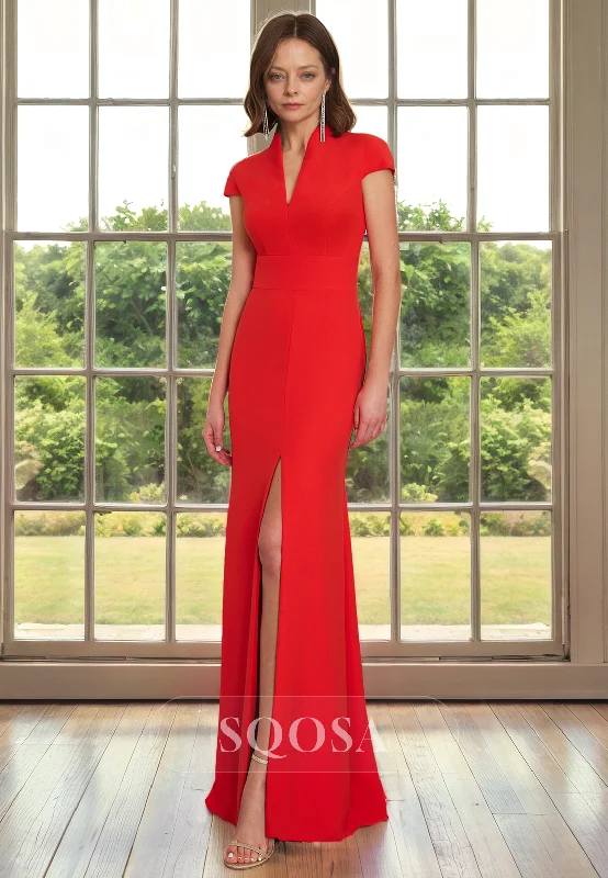 Off-the-shoulder dress – Dress with sleeves or straps that sit below the shoulders, exposing the upper arms.Sheath V Neck Short Sleeves Red Mother of the Bride Dress with Slit Long Cocktail Dress