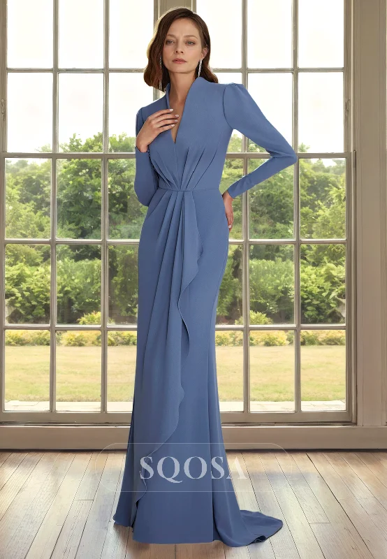 Empire waist dress – Dress with a high waistline, just under the bust, for a flattering silhouette.Sheath V Neck Ruched Long Sleeves Mother of the Bride Dress Long Cocktail Dress