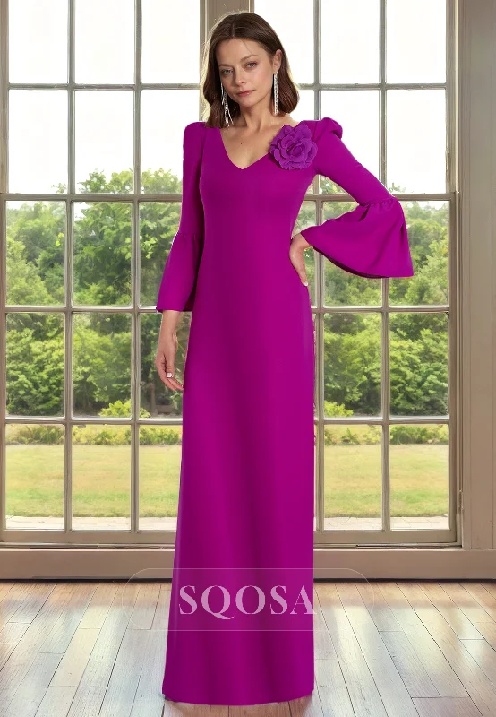 Peplum dress – Dress with a flared ruffle or extra fabric at the waist, adding volume and shaping to the lower half.Sheath V Neck Long Sleeves Elegant Mother of the Bride Dress Long Cocktail Dress