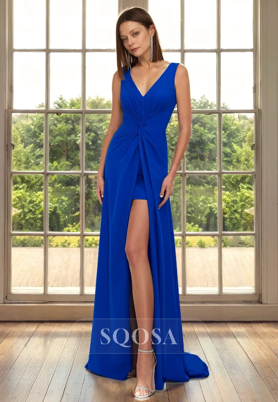 Wrap dress – Dress that wraps around the body and ties at the waist, creating a flattering and adjustable fit.Sheath V neck Ruched Elegant Mother of the Bride Dress with Slit Long Cocktail Dress