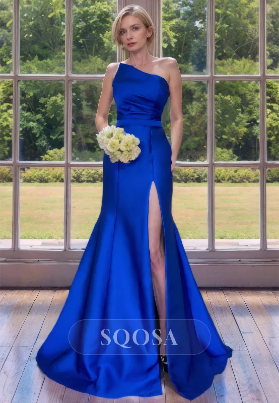 Bodycon dress – Tight-fitting dress that hugs the body and emphasizes curves.Asymmetrical-Neck Sleeveless Floor-Length Pleated Satin Mother of the Bride Dress with Slit