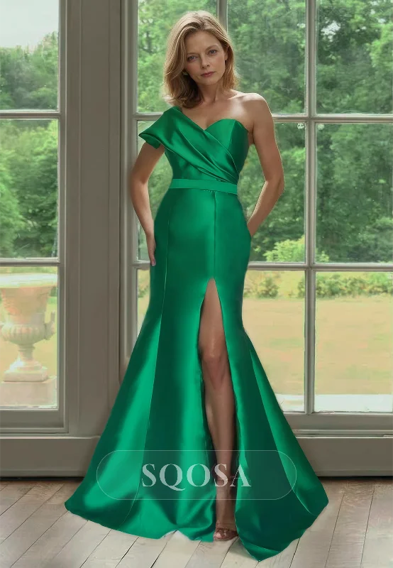 Off-the-shoulder dress – Dress with sleeves or straps that sit below the shoulders, exposing the upper arms.Asymmetrical Sweetheart One-Shoulder with Slit Mermaid Mother of the Bride Dress for Wedding