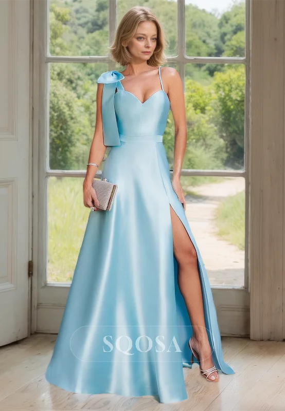 Empire waist dress – Dress with a high waistline, just under the bust, for a flattering silhouette.Sweetheart Spaghetti Straps A-Line Cocktail Dress Satin Slit Mother of the Bride Dress with Bow